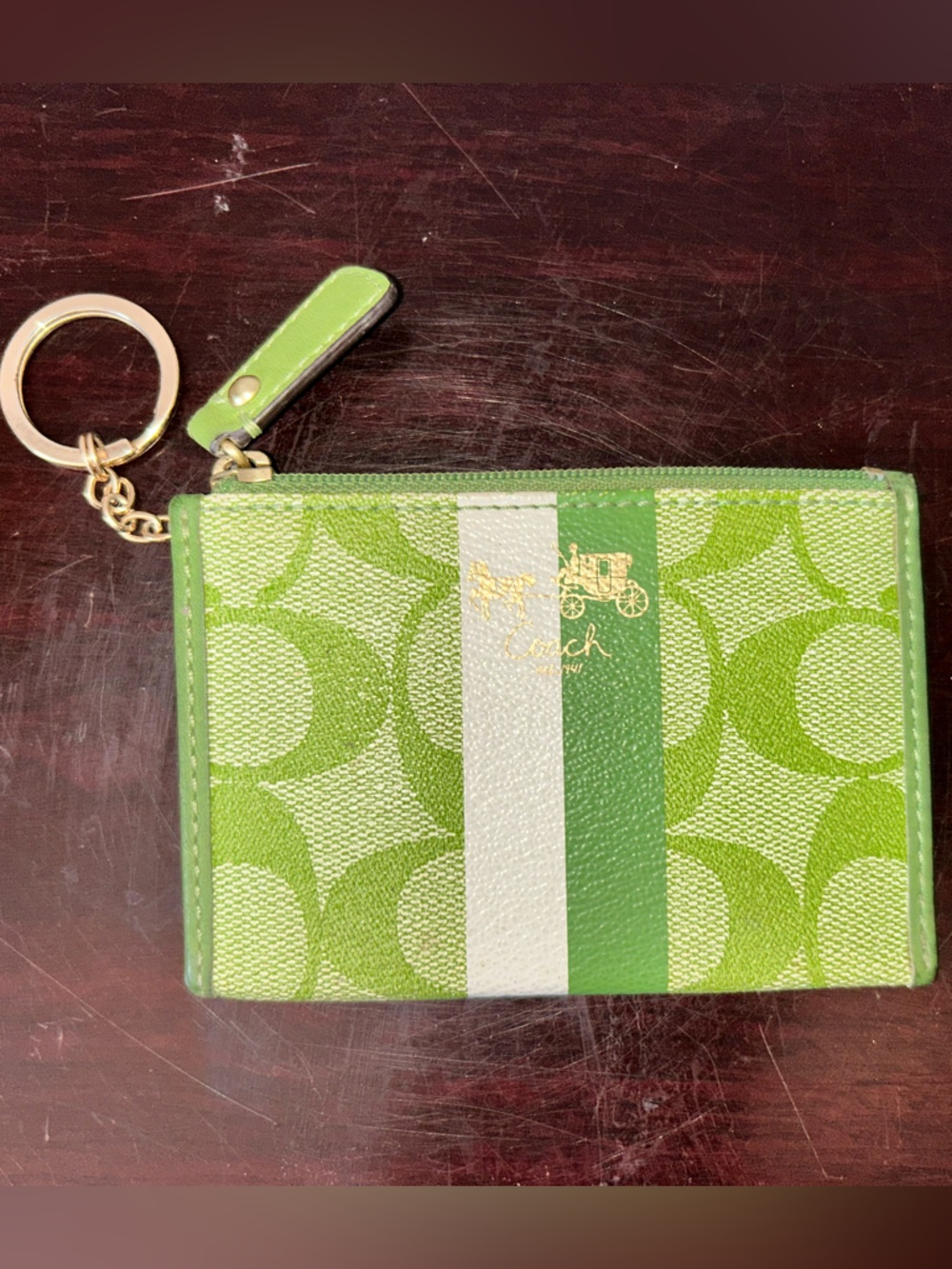Coach Lime Green and White Signature Stripe Card Holder Keychain